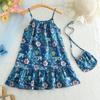 Summer Girls Floral Sleeveless Strap Dress With Matching Handbag Cute Kids Party Sundress