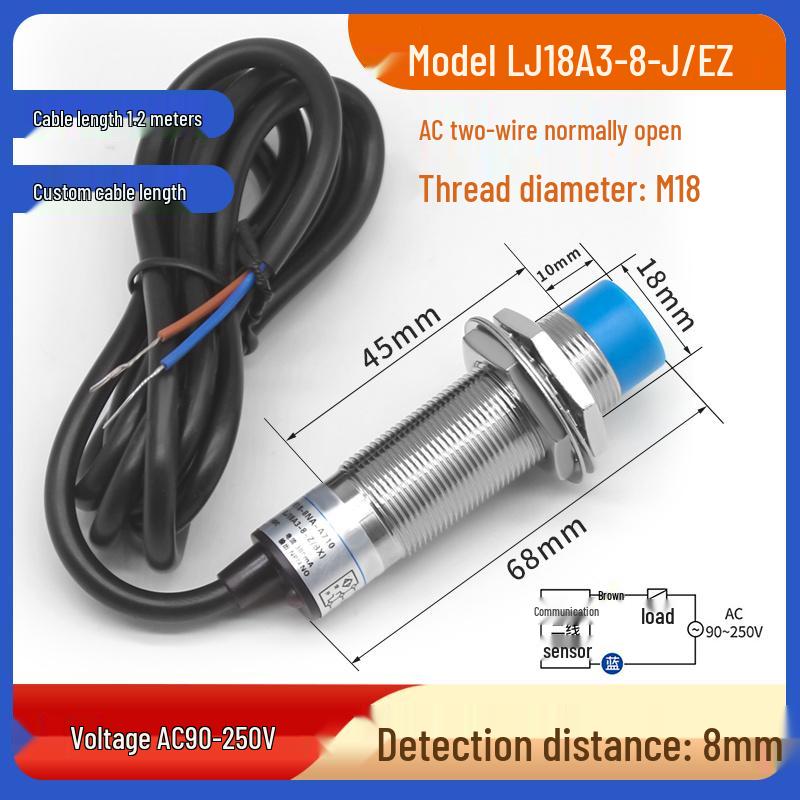 M18 Metal Sensor Proximity Switch - LJ18A3 Series, NPN, Normally Open, Three-wire