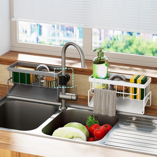 Kitchen Sink Caddy Sponge Holder with Draining Tray Strong Load-Bearing Corrosion-Resistant Hollow Design Dish Soap Sponge Organizer Storage Rack