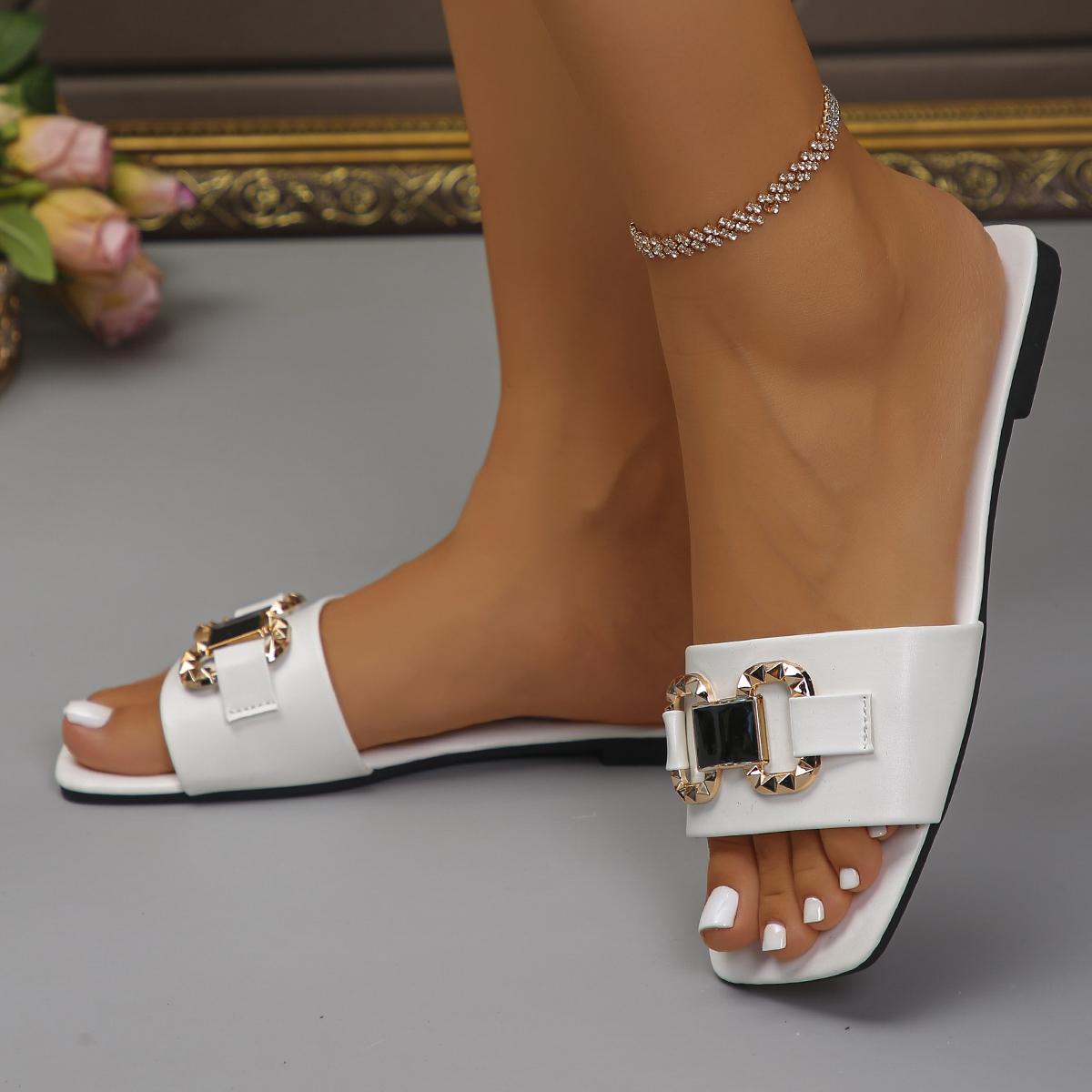 

Fashion Women Slippers Summer Comfort Outdoor Shoes Fashion Square Toe Non Slip Beach Sandals Metal Chain Flat Slippers Slides Women 35 білий