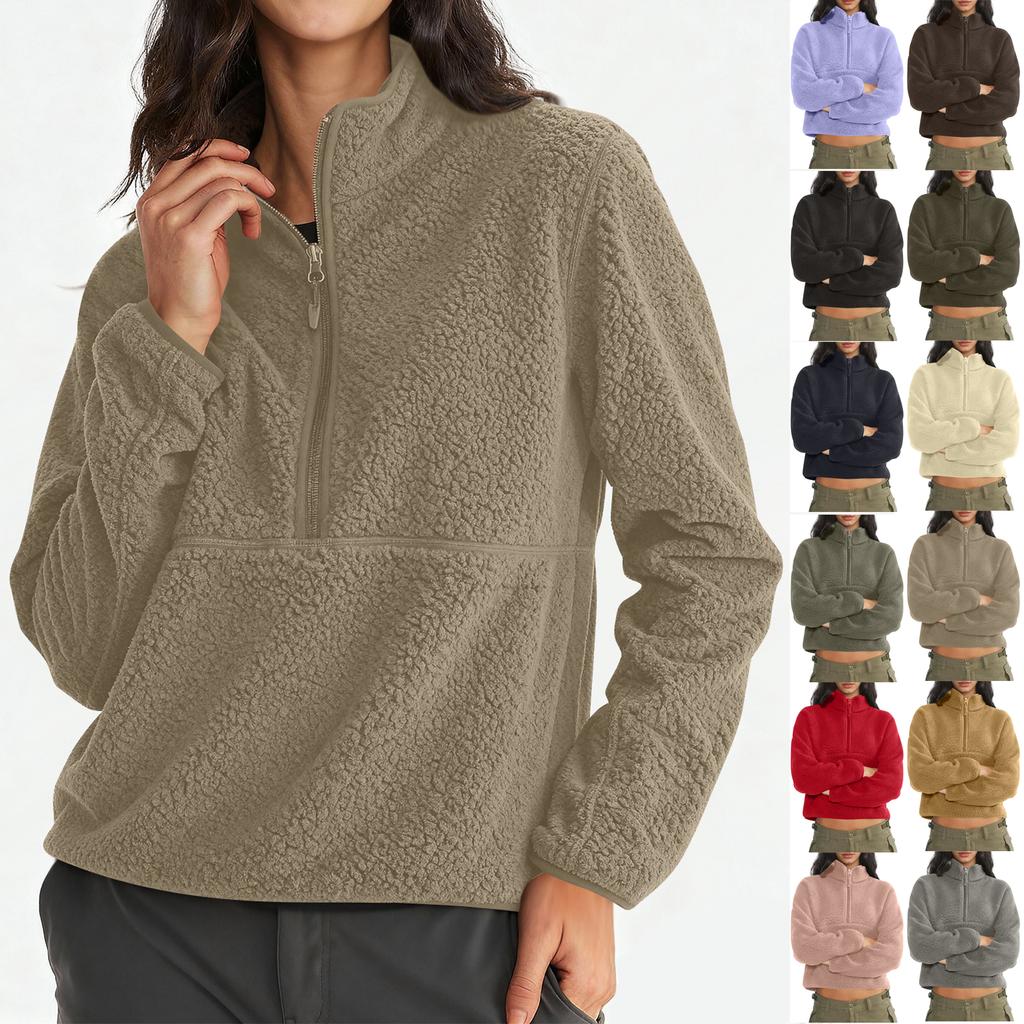 Women's Short Half-Zip Fleece Sweatshirt Plush Warm Cardigan