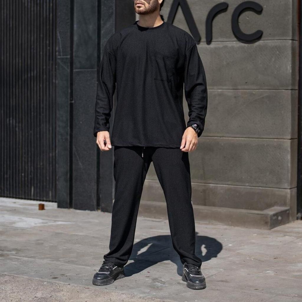 Herrkläder Enfärgad Lös Rundhalsad Patch-väska Andningsbar Sport Långärmad Topp Och Byxor Tvådelat Set