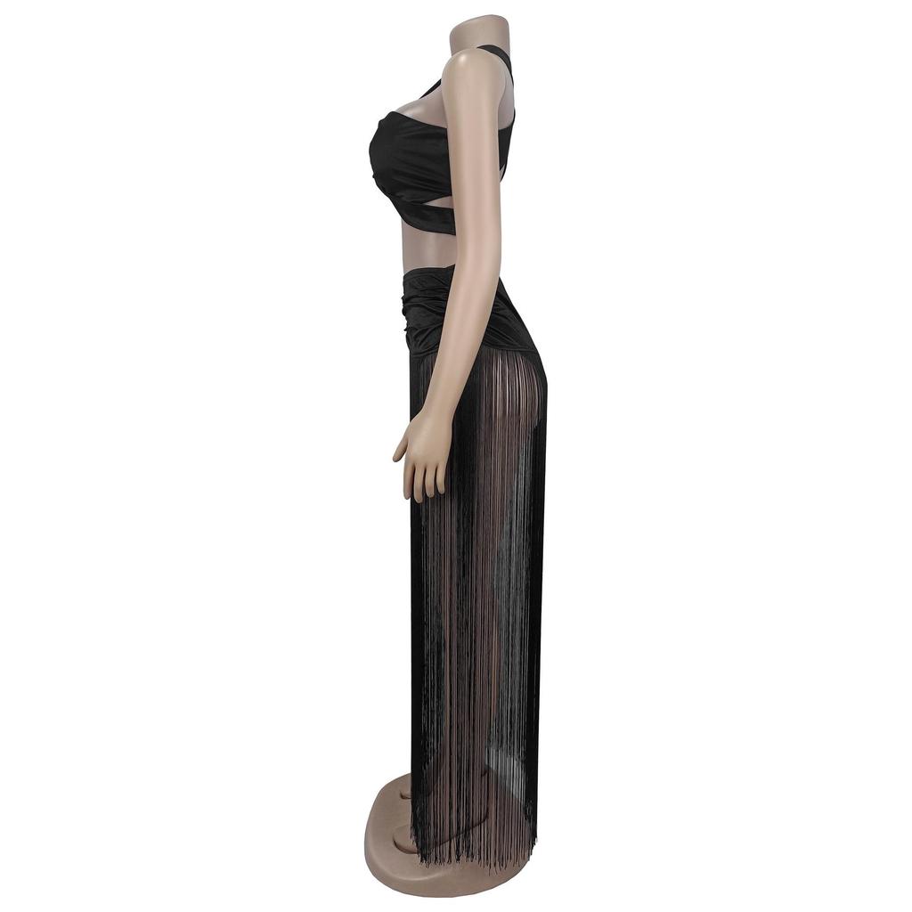 European & American Fashion Women's Sexy Strappy Top and Tassel Long Skirt Two-Piece Set