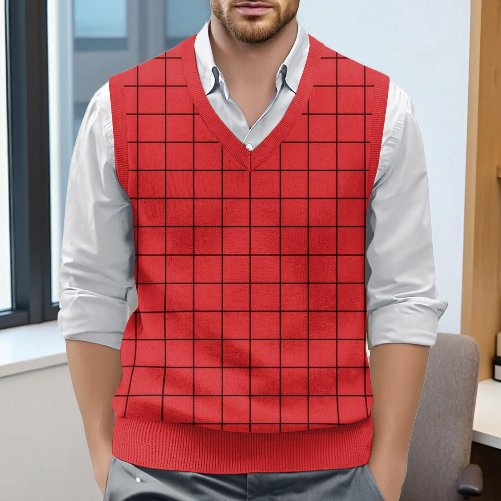 

Мужской жилет без рукавов с клетчатым принтом и V-образным вырезом, вязаный джемпер XL красный