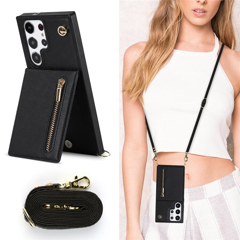 Zipper Wallet CrossBody Lanyard Case For Samsung Galaxy S25 S24 S23 Ultra S22 Plus S21 FE S20 S10 S9 Kickstand Cards Solt Cover