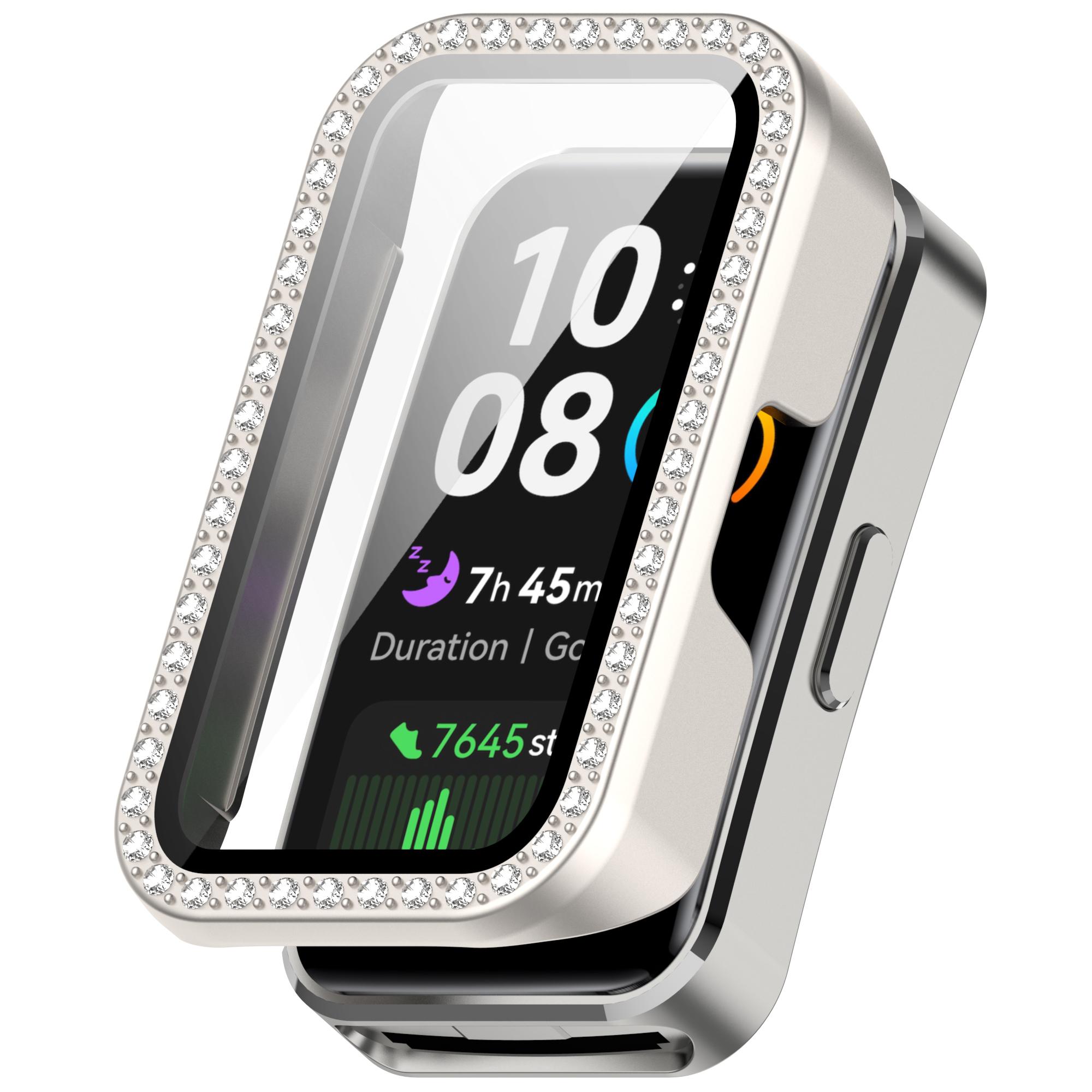 

For Huawei Band 10/9/8 Case Rhinestone Decor PC+Tempered Glass Film Protective Watch Cover Starlight