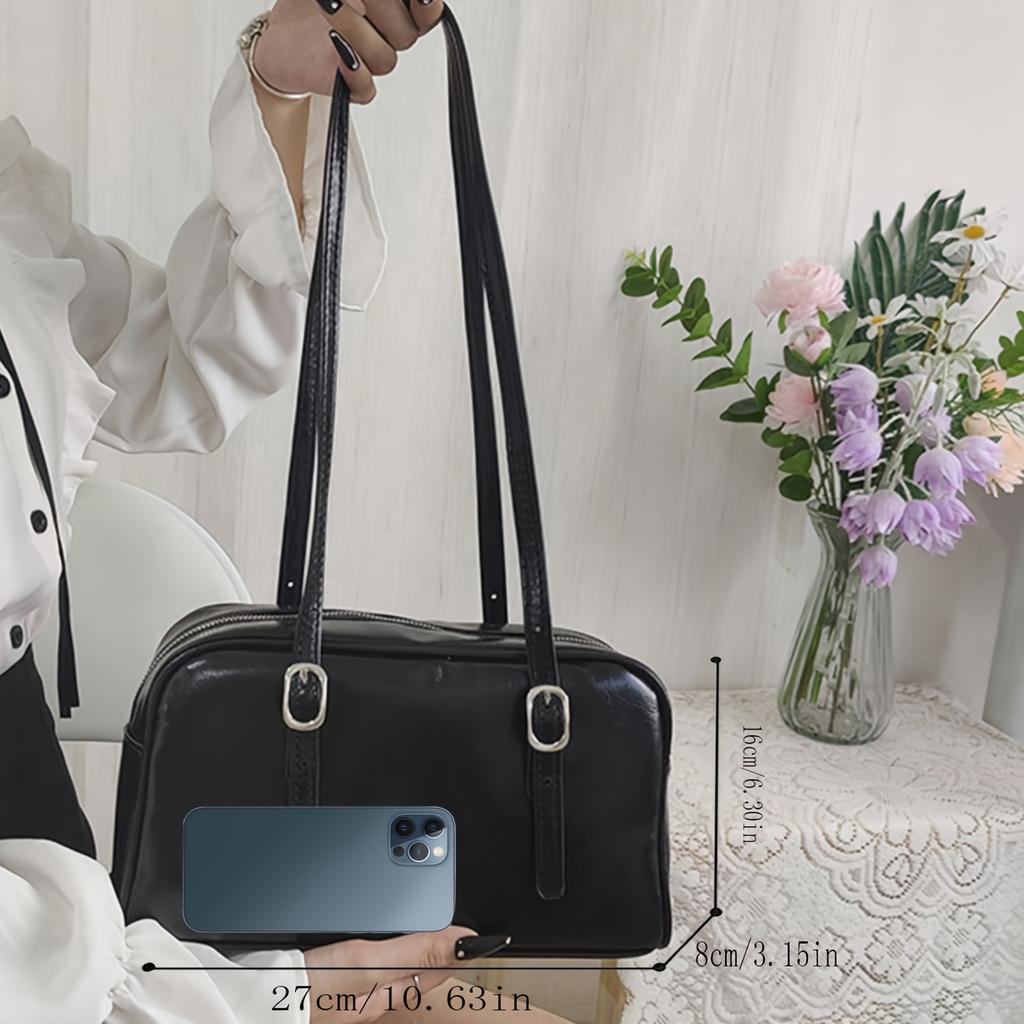 Women's Chic Black PU Leather Shoulder Bag, Vintage Elegant Handbag With Adjustable Straps For Daily Use