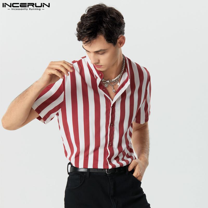 INCERUN Men Summer Lapel Neck Short Sleeve Striped T-shirts Buttons Up Shirts Tops