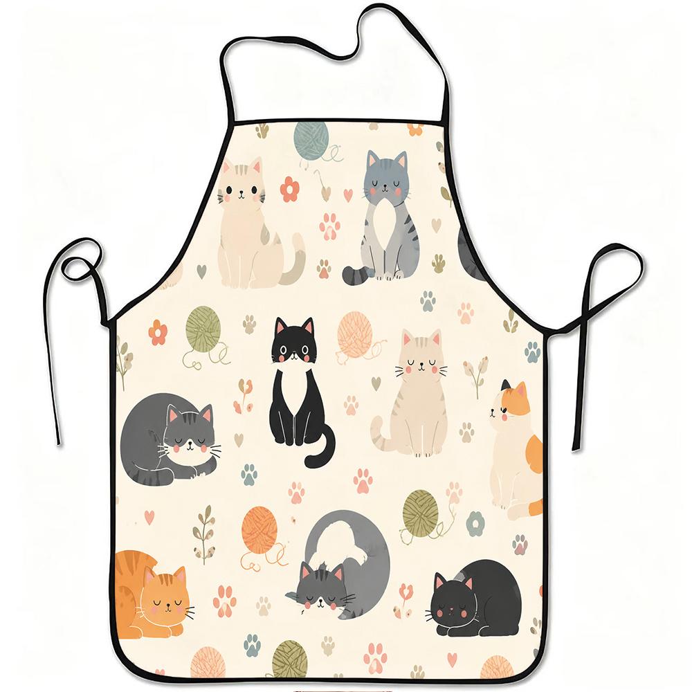 1pc Cute Cats And Yarn Ball Print Apron, Durable And Easy to Clean, Adjustable Waistband, Polyester Material, for Kitchen Cooking, Gardening, Orchard