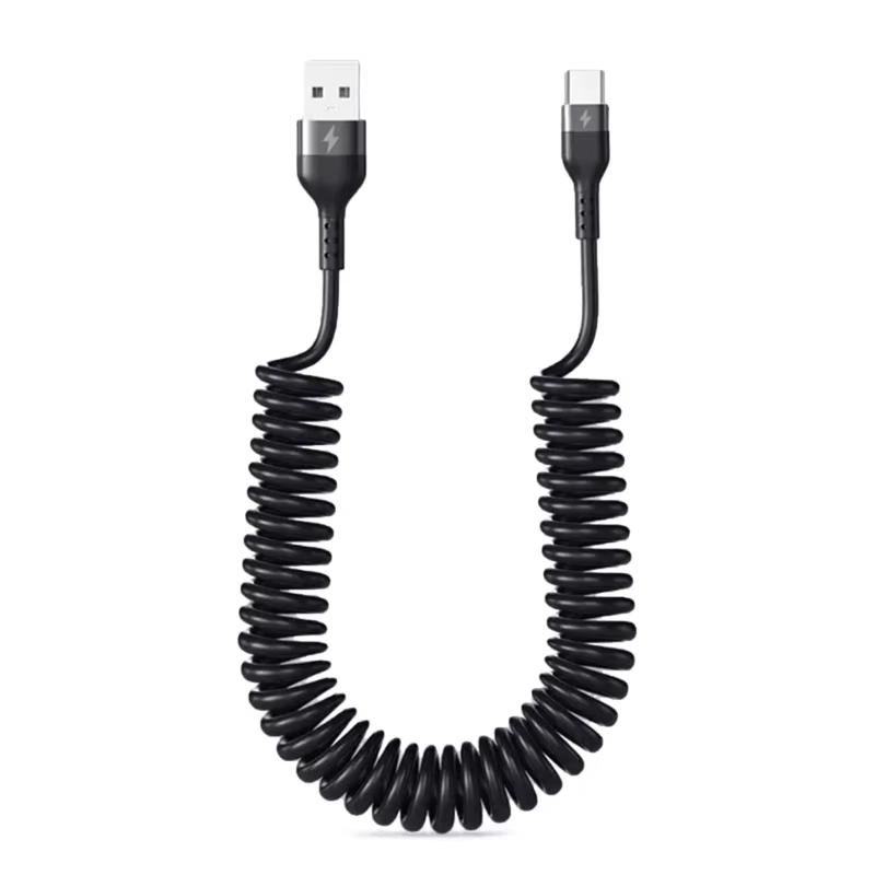 Spring Telescopic Type C Data Cable 66W 5A Fast Charging USB 3A Micro Car Phone Charger for iPhone 15 14 Pro Sumsung Xiaomi POCO