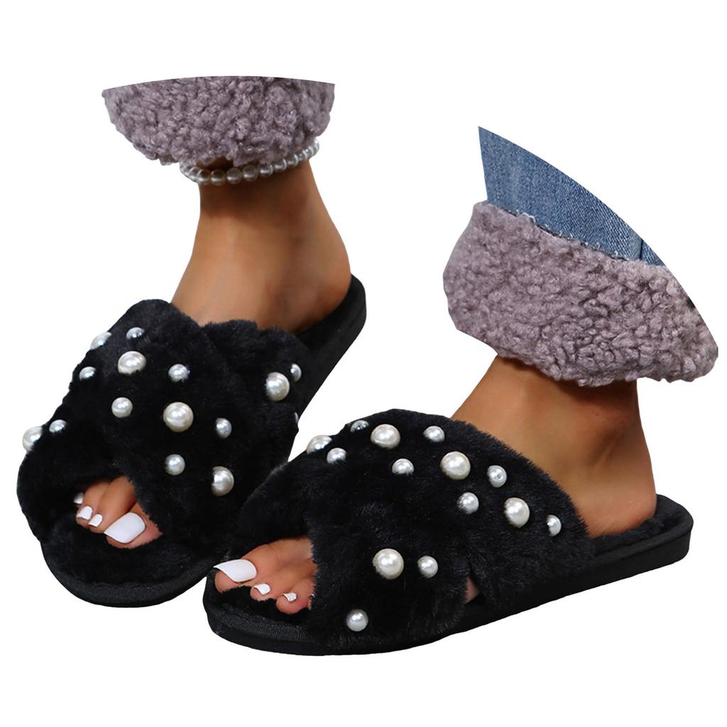 Ladies Furry Slippers Women Flat Bottom Home Indoor Slippers Warm Pearl Floor Furry Slippers Cotton Holiday Slippers for Women