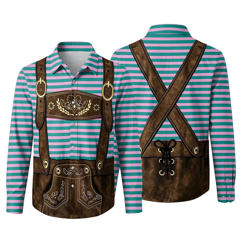 Herren Oktoberfest 3D-Druck Locker geschnitten Langarmhemd mit Reverskragen Vintage Lässig Outdoor Festival Party Atmungsaktives Oberteil