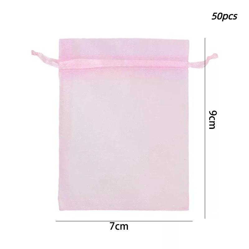 Pink Organza Jewelry Pouches 10/50PCS S/M/L Drawstring Sheer Bags for Wedding Favors Gift Candy Packaging