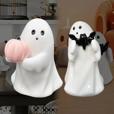 Neues Halloween-Geister-Ornament Rosa Kürbis Schwarze Fledermaus Figuren Statue Harz Miniaturgröße Schreibtischdekoration Partyzubehör
