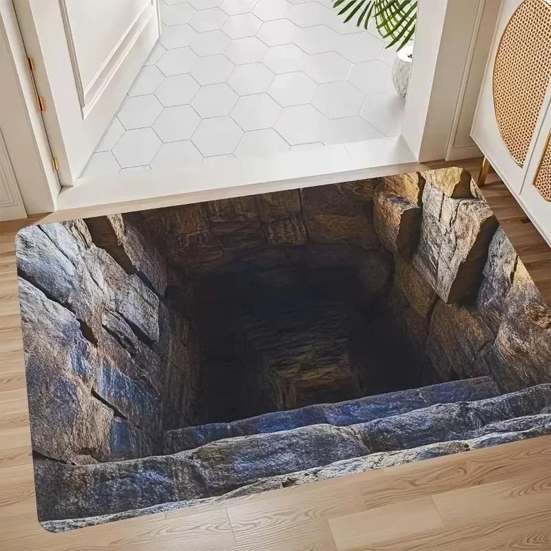 3D Visual Trap Door Mat Deep Well Pattern Absorbent Non-Slip Rug Stereo Effect Suitable for Home Porch Indoor Outdoor Decor