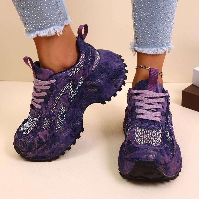 Fashion Fashion Rhinestone Chunky Sneakers Women Blue Denim Thick Sole Lace Up Sports Shoes Woman Plus Size Non Slip Platform Sneakers
