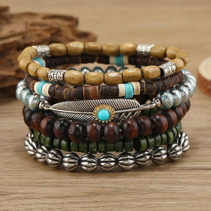 6 Stück Natürliche Holzperlen Armbänder Boho Ethnisch Armband Neues Set Vintage Feder Türkis Anhänger Handketten Handgefertigt