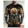 Men Halloween Pumpkin Robot Bat All‑Over Print Graphic Long Sleeve T‑Shirt 3D Print Crew Neck Casual Pullover Streetwear Tops