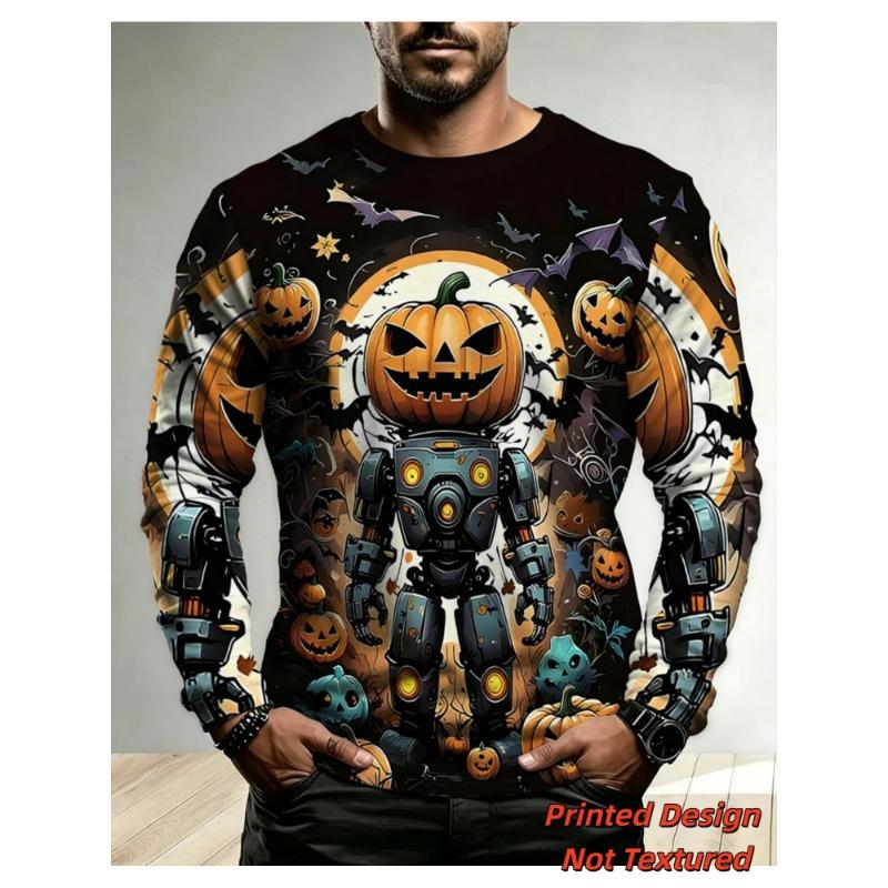 Men Halloween Pumpkin Robot Bat All‑Over Print Graphic Long Sleeve T‑Shirt 3D Print Crew Neck Casual Pullover Streetwear Tops