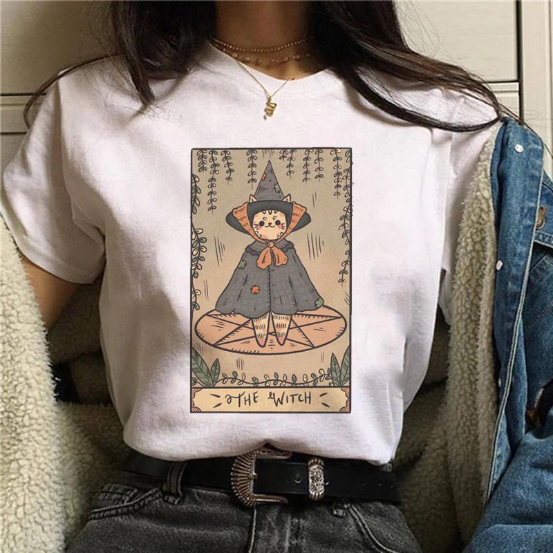 Magic In All Tarot Print T-Shirt Kawaii Magic Cat Printed Tshirt Astronomy Tee Shirt Top Aesthetic Women Hippie Bohemian Tshirt