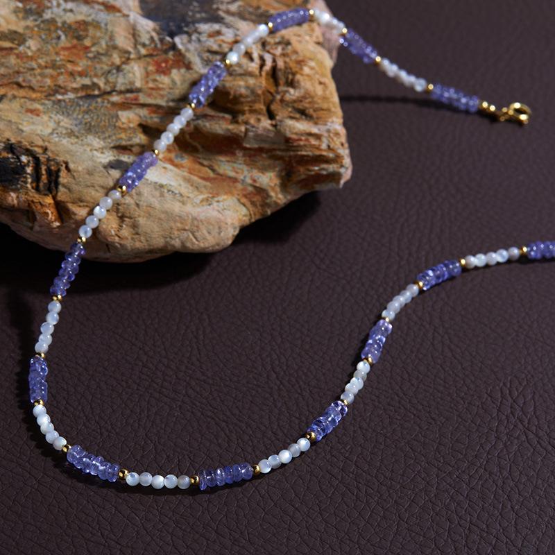 Original Design Handmade String S925 Sterling Silver Natural Tanzanite White Fritillary Necklace Women'S Simple And Elegant Clavicle Chain