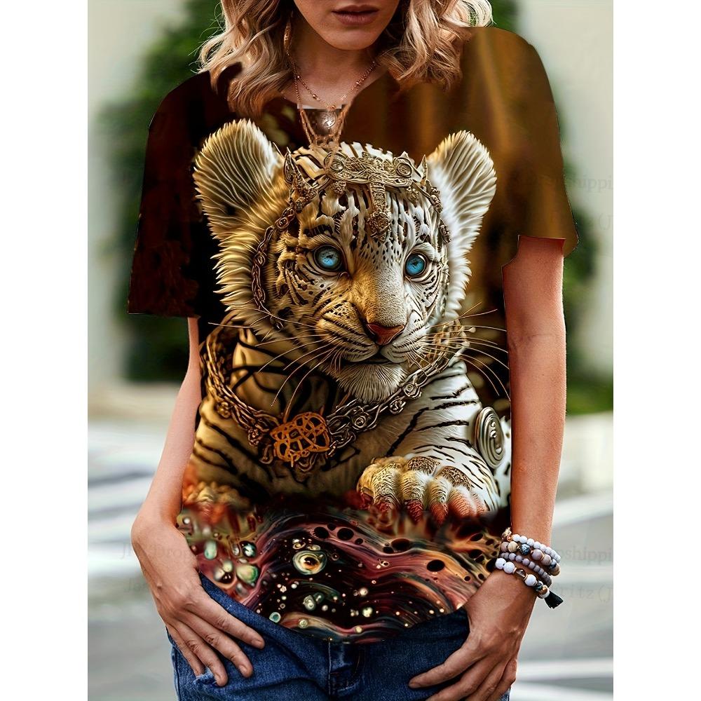 

Summer Women T shirt 3D Ladies Cute Tiger 3d Print T-shirt O-Neck Short Sleeve Tops Tees Women Clothes Animal Leopard Tshirt Y2k S