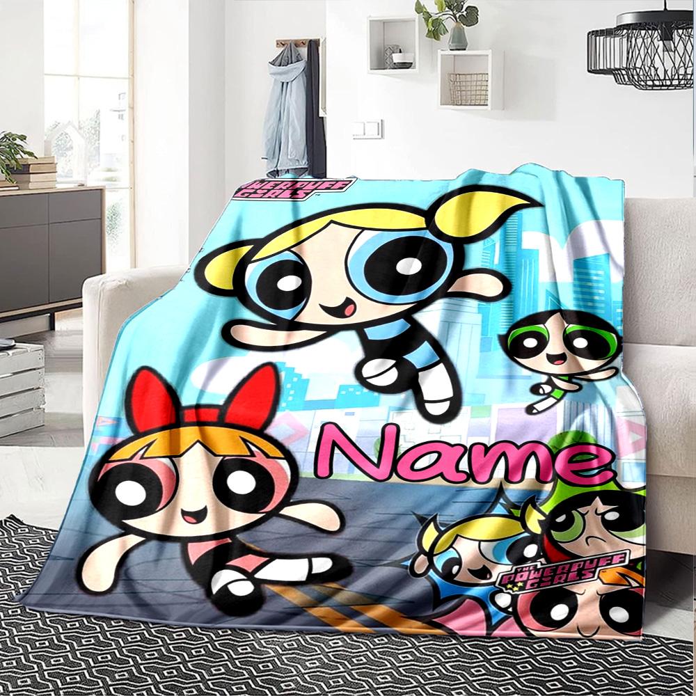 Custom Name Powerpuff Girls Adventure Flannel Blanket for Super Soft Cute Comfort Blanket for Travel Bedding Couch Sofa Blanket