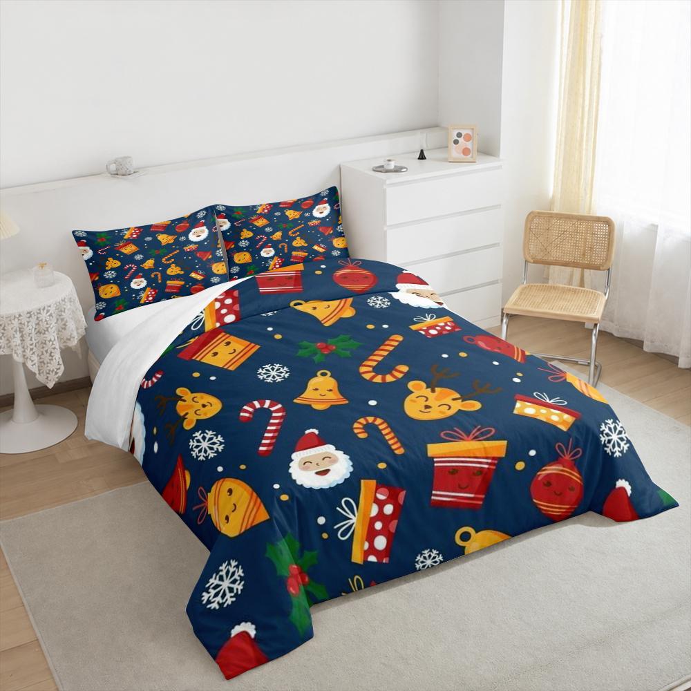 Cute Cartoon Santa Reindeer Christmas Bedding set (1 duvet cover, 2 pillowcases, duvet not included), Navy Blue Kawaii Art Print