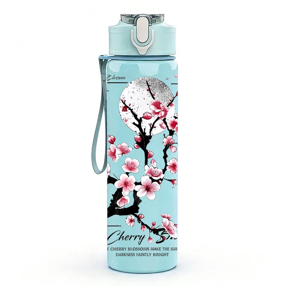 1PC Cherry Blossom Branch Asian Floral Print 750ml Color Plastic Sports Water Bottle Leakproof Flip Straw Lid Suitable for Sports Office Home Use