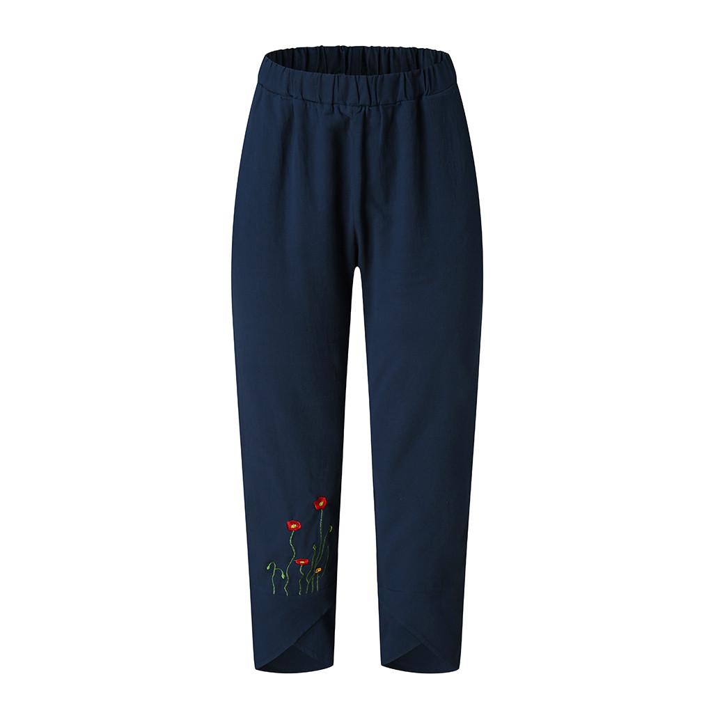 Women's summer casual loose cotton and linen embroidered wide-leg pants