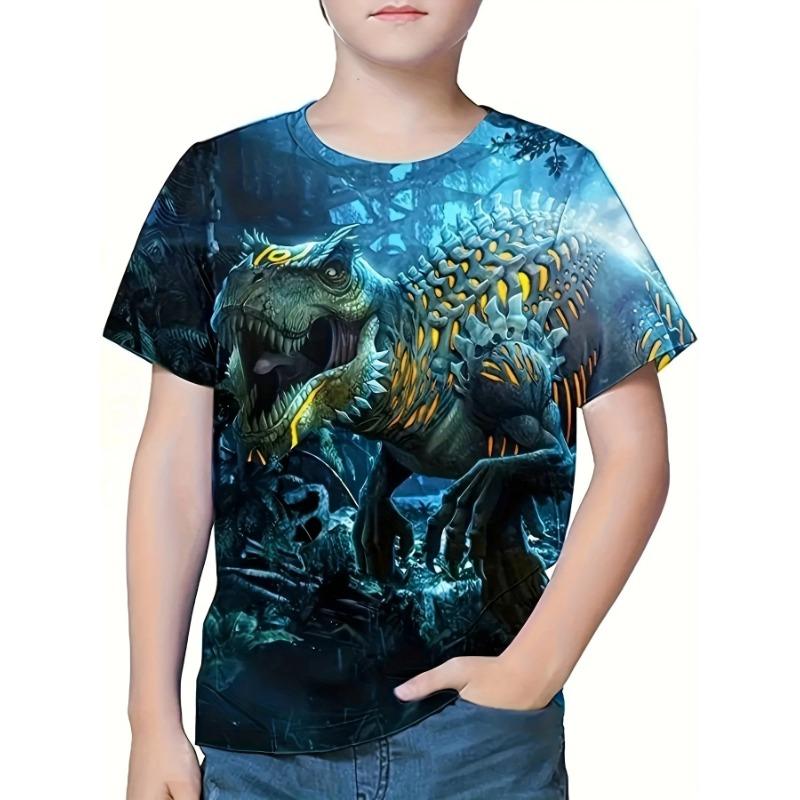 Sommar Rundhals 3D Dinosaurie Tryckt Topp Trendig Casual Kortärmad Barn Pojk T-shirts