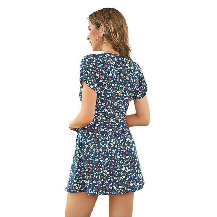 Women Summer Floral Wrap Dress V Neck Tie High Waist Short Sleeve Bellflower One Piece Sizes S to XXL