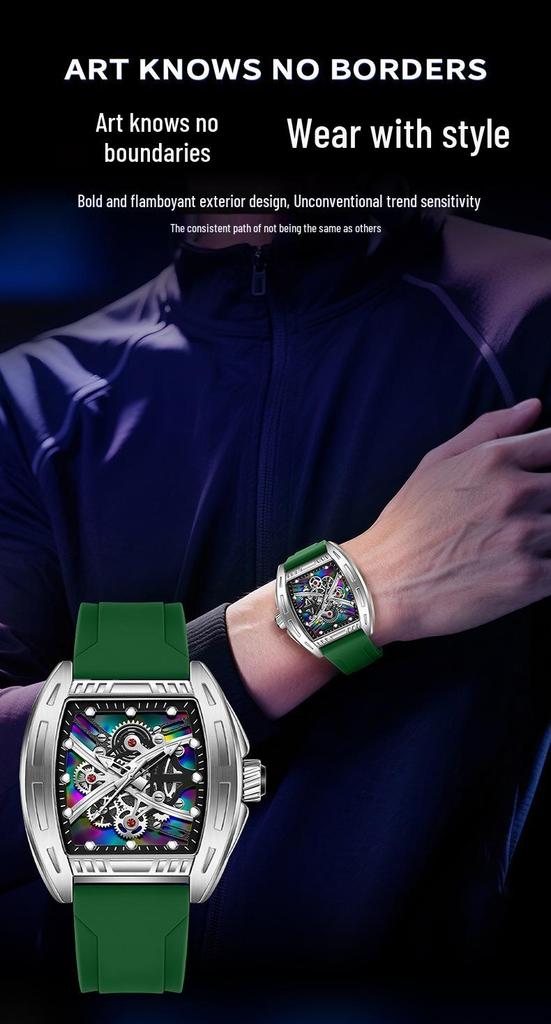 Oufanni Leuchtendes Skelett Quarz Tonneau-Uhr - Herren Freizeit Business Wasserdichte Mode-Uhr