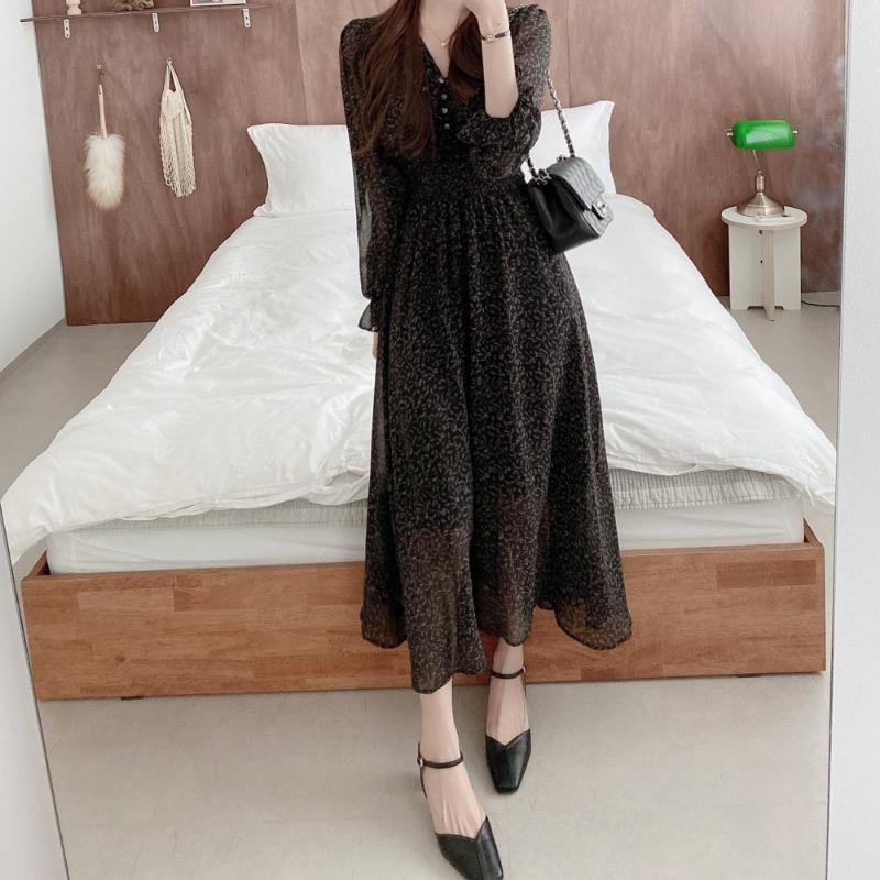 Women s White Floral Print Chiffon Dress With Elastic Waist S чёрный