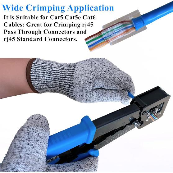 RJ45 Crimp Tool Kit Pass Through, Cat5 Cat5e Cat6 RJ45 Ethernet Crimping Tool with 20PCS Cat6 1.1mm Pass Through Connectors, 20PCS Covers, Cable