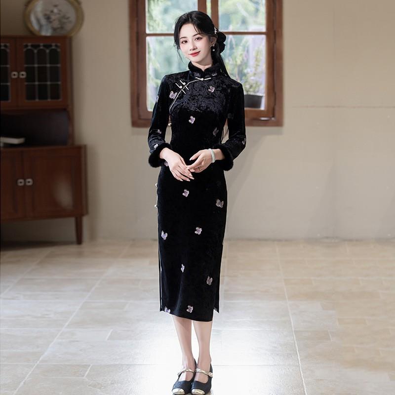 Womens Winter Velvet Embroidered Cheongsam Dress Long Sleeve Stand Collar Retro Style Thick Lined Qipao