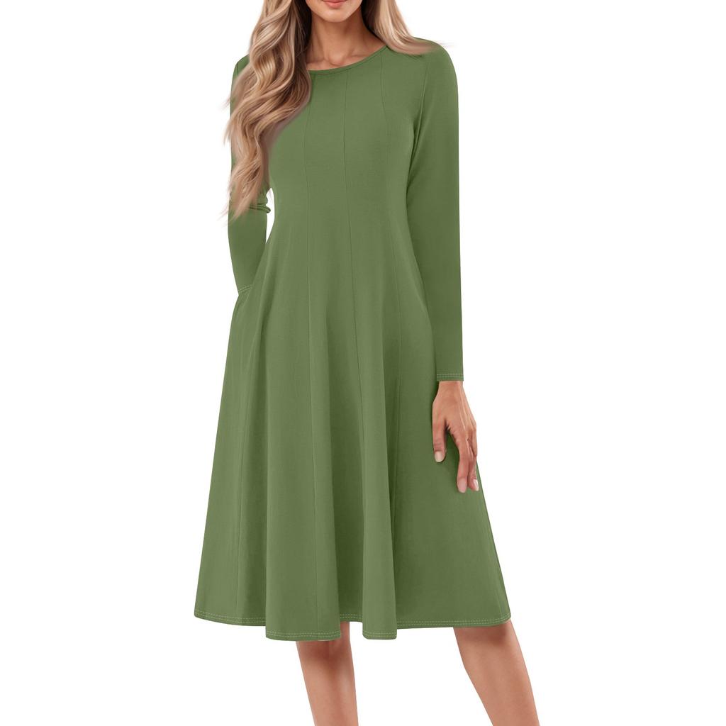 Women's Casual Fashion Round Neck Long Sleeve Color Midi Dress
