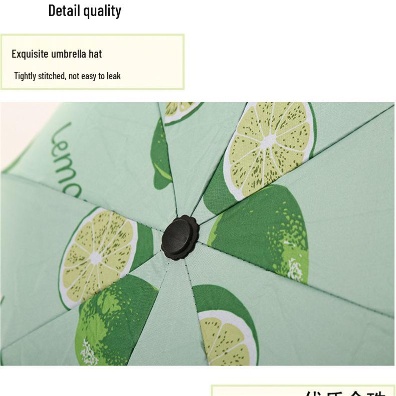 Summer Fresh Fruit Pattern Dual-Use Three-Fold Umbrella for Sun and Rain, Black Glue Design
