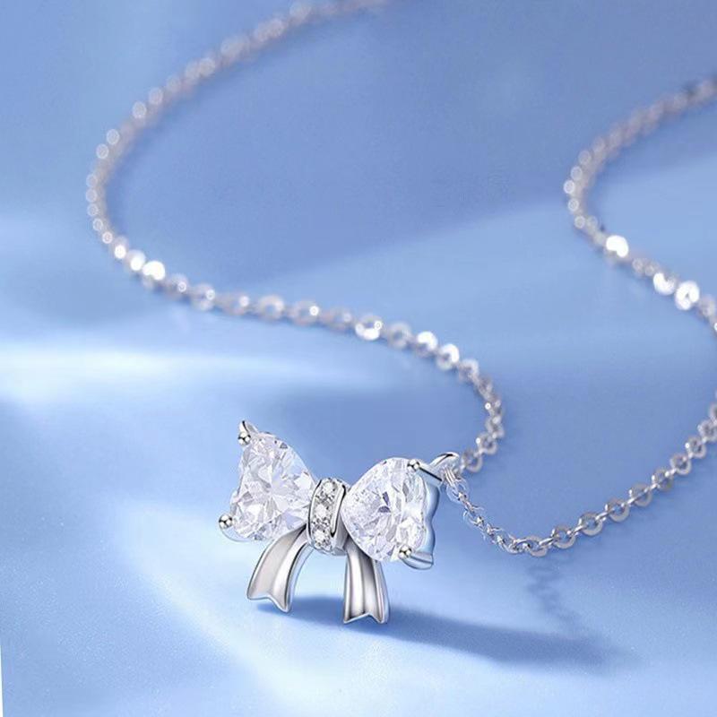 Elegant Heart-Shaped Bow Necklace, Zircon Pendant, Simple Women's Jewelry
