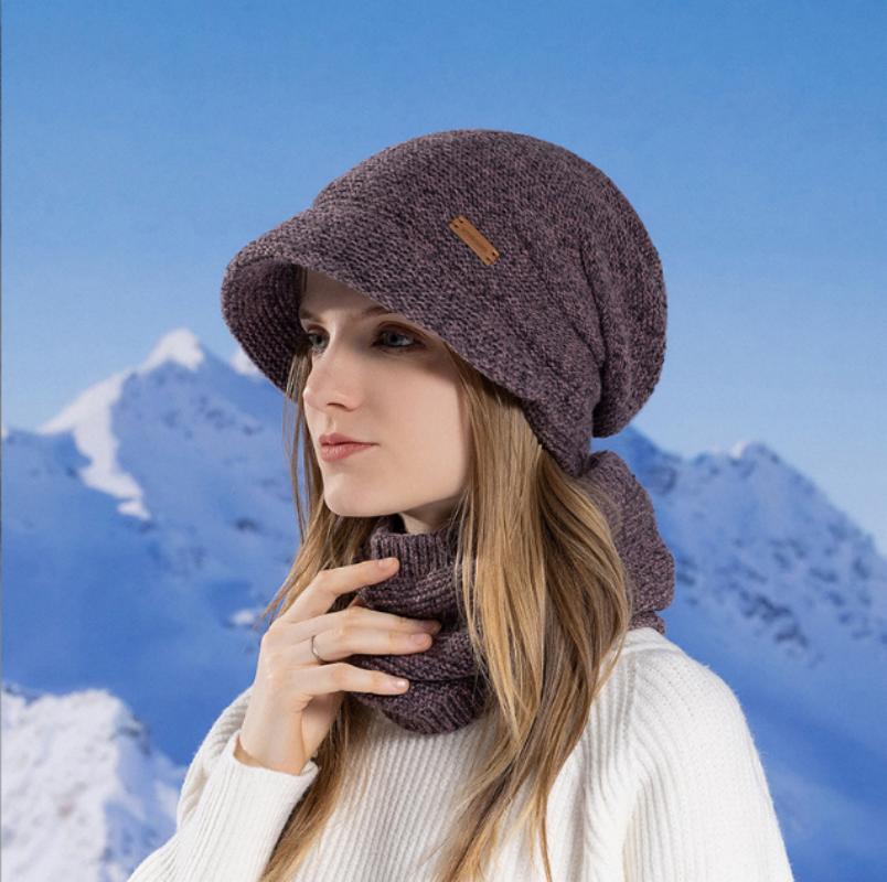 Conjunto de gorros cálidos, bufanda y gorro de invierno, gorro de punto cálido con protección contra el frío de terciopelo, conjunto de gorros de punto para mujer