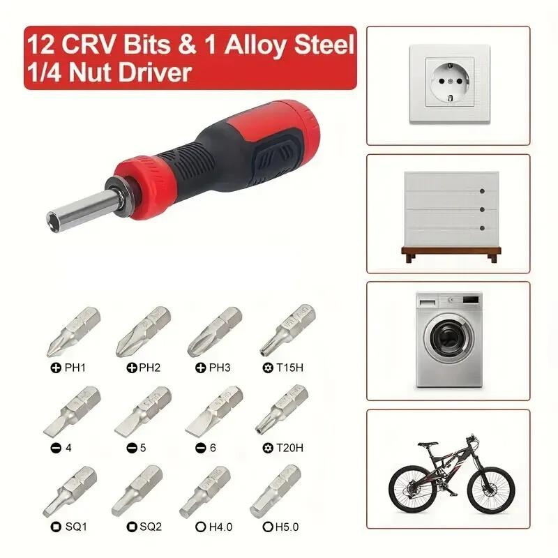 Multifunctional Adjustable Ratchet Screwdriver Set,Repair Tools With Torx Safety Flat Head Phillips Hex Square,1/4 Nut Drivers.