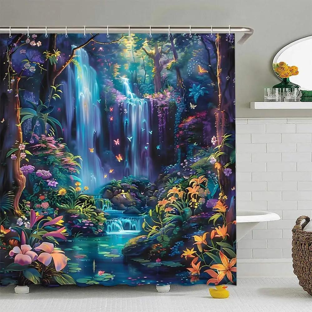 Fairy Tale World Forest Waterfall Shower Curtain Fantasy Jungle Tropical Bathroom Polyester Woven Shower Curtain