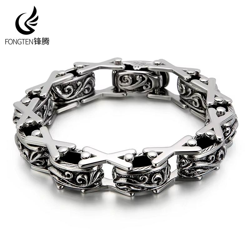 Fongten 23cm Totem Bracelet For Men Stainless Steel Cross Chain Charm Wristband Bangle Bracelet Men Silver Color Jewelry