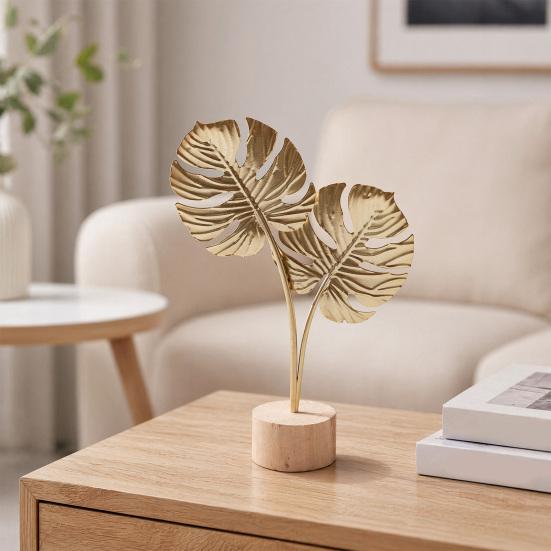 jijijing Metal Leaf Ornaments, Gold Palm Leaf, Ginkgo Feather Statue with Wood Base, Modern Desktop Sculpture for Living Room, Bookshelf, Office Desk