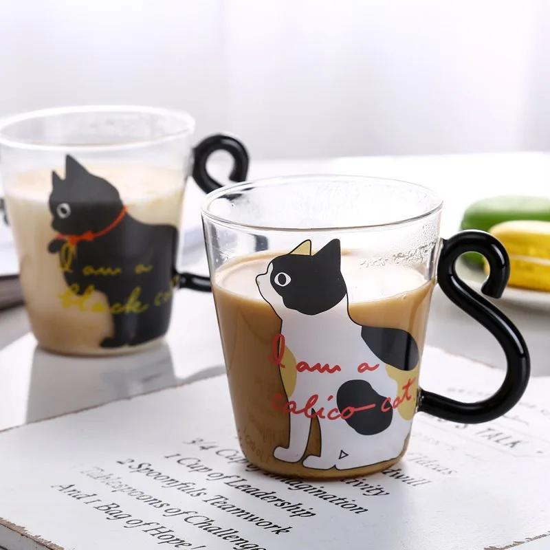 250ml kreslený kočičí skleněný hrnek 3D kočičí ocas vysoce borosilikátový žáruvzdorný skleněný hrnek pro domácnost, snídaňový mléko, džus, kávový hrnek