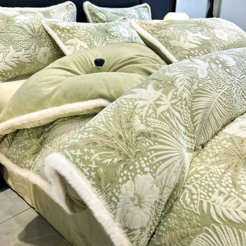 Winter Dickes Bedrucktes Milchsamt Vier-Teile-Set Bequem und Warm Kurzplüsch-Bettbezug 3-teiliges Set Kinderbettlaken