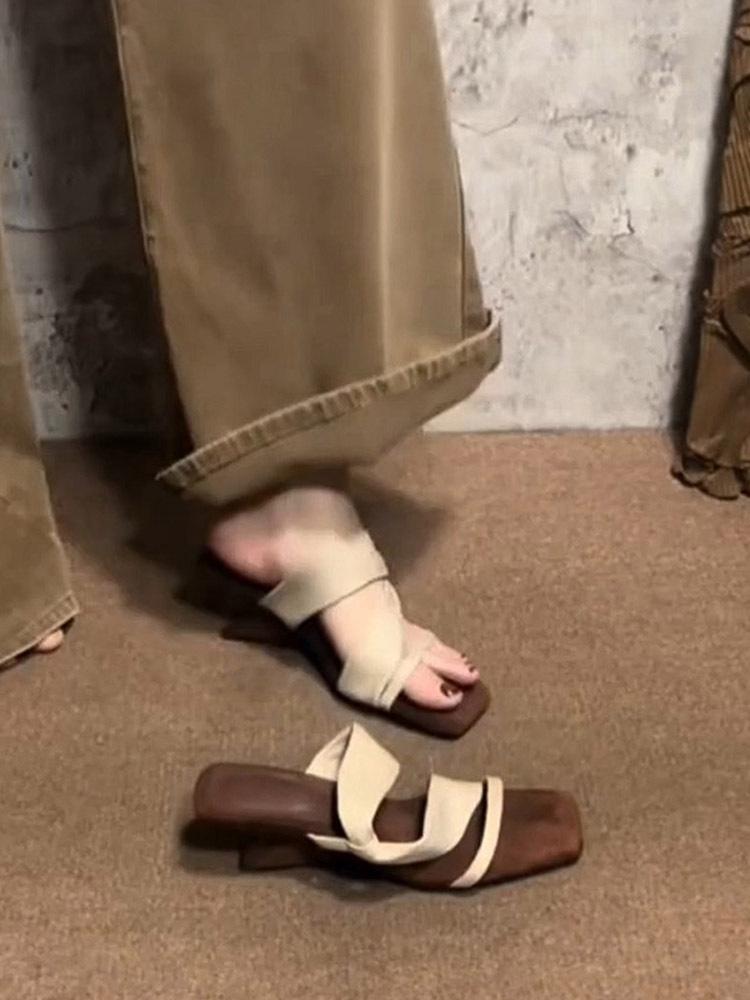 Sheepskin version of genuine leather two wear French wedge heel retro one-word slippers women's summer wear temperament high heels cool slippers