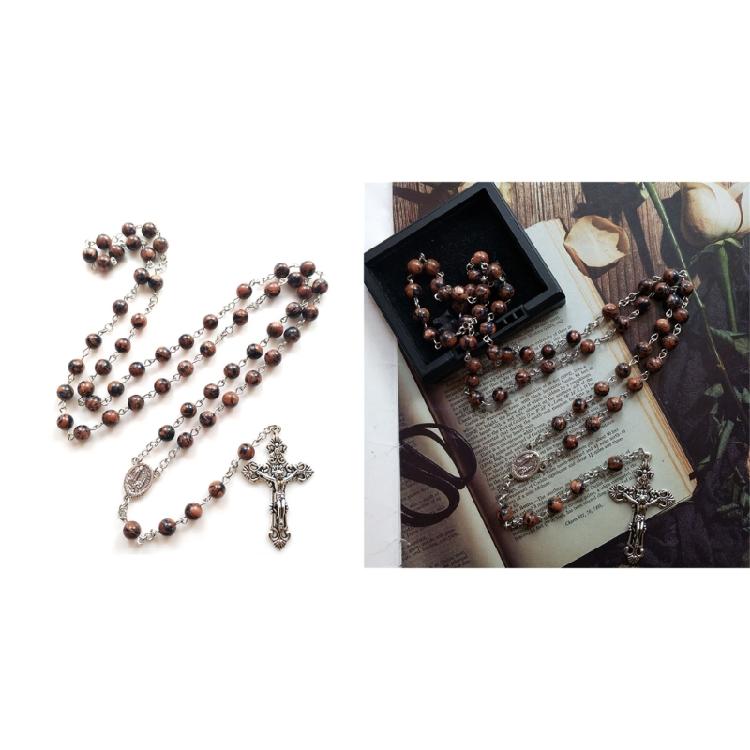 Rosary Crucifix Cross Necklace Natural Flower Sand Beads Catholic Jewelry Gift