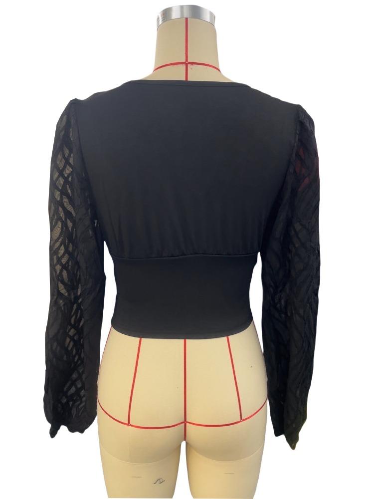 Chiffon Lantern Sleeve Splicing Pleated Waisted V-Neck Long Sleeve T-Shirt Slim Top Women Versatile Closet Essential Fashion Items Shirt