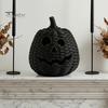 Black Braided Halloween Prop Handwoven Pumpkin Basket with Witch Hat Lid, Rustic Wicker Trick Fall Housewarming Gifts or Treat Bucket for Indoor